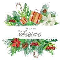 Christmas card with holiday wishes. Composition of festive elements such as candies, berries, gifts, pine branches. vector