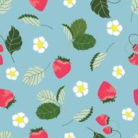 Strawberries and leaves pattern. Seamless strawberry fabric, web banner design. Red berries on a soft blue background. Repeating texture. Delicious berries background, wallpaper. vector