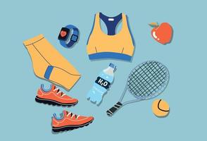 un conjunto de De las mujeres ropa de deporte, Deportes equipo para tenis. ropa de deporte, tenis raqueta, pelota, aptitud rastreador, zapatillas, agua, manzana, moda, plano bosquejo plantilla, aptitud física. vector