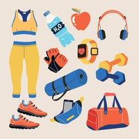 Various sports equipment. Fitness equipment, gym accessories. Dumbbells, fitness tracker, headphones, bottle, shoes, mat, gloves. The concept of a healthy lifestyle. Vector hand drawn set