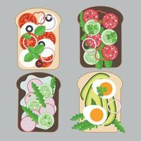 Food illustration. Sandwiches stuffed with cucumbers, avocados, tomatoes, mozzarella cheese and peanut butter. Toast with egg and herbs. vector