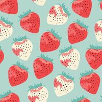 Seamless pattern of modern strawberries. Big white, red round strawberries on blue. Large bright berries. Berry pattern design for textile, web banner, cards. Fresh summer fruits. Red berries and fru vector