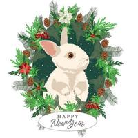 New Year rabbit symbol of 2023. Christmas rabbit in a fir wreath with cones and flowers. Card. vector