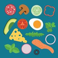 A set of ingredients for a burger and a sandwich. Vector illustration cartoon flat icons collection isolated on dark background