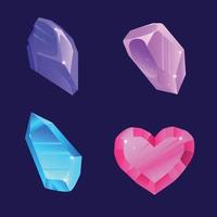 Gemstones, crystal stones in the shape of a heart, a triangle. Vector cartoon set of shiny colored gemstones, topaz, amethyst, quartz. Game icons of magical mineral crystals