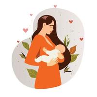 Woman holding baby in her arms. Pregnancy and breastfeeding concept. Vector illustration.