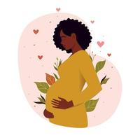 Afro American pregnant woman holds her belly. Decorated beautiful leaves. Decorated beautiful leaves. Vector illustration.