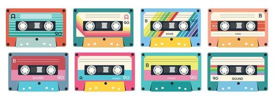 Retro music cassette. Stereo DJ tape, vintage 90s cassettes tapes and audio tape. antique radio play cassette, 1970s or 1980s rock music mix audiocassette. Isolated icons set vector