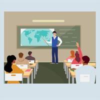 High school geography lesson flat color vector illustration. Teaching-learning process. Teacher with students. Fully editable 2D simple cartoon characters with school environment on background