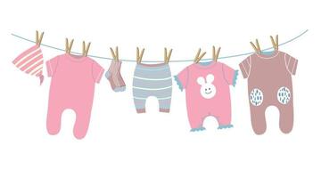 Children's clothes are dried on a rope. Clothing for babies. Body, overalls, for girls. Clothes icons set in flat style isolated on white background. isolated objects. vector