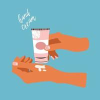 Hands with cream.The hand squeezes and pours the creamy lotion from the product packaging. Editable vector illustration