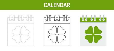 Calendar with Clover tracing and coloring worksheet for kids vector