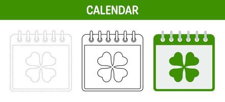 Calendar with Clover tracing and coloring worksheet for kids vector