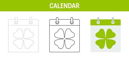 Calendar with Clover tracing and coloring worksheet for kids vector