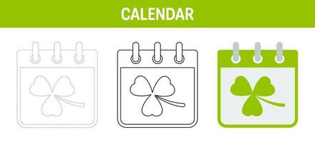 Calendar with Clover tracing and coloring worksheet for kids vector