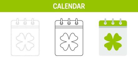 Calendar with Clover tracing and coloring worksheet for kids vector