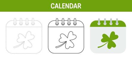 Calendar with Clover tracing and coloring worksheet for kids vector