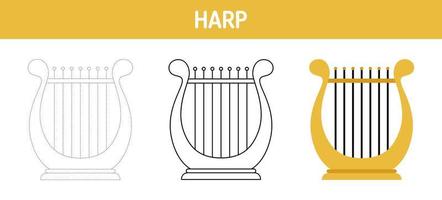 Harp tracing and coloring worksheet for kids vector