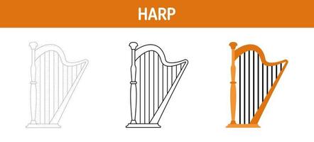 Harp tracing and coloring worksheet for kids vector