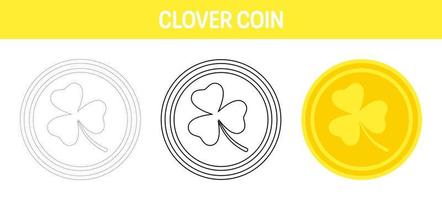 Clover Coin tracing and coloring worksheet for kids vector