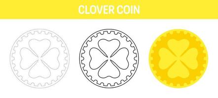 Clover Coin tracing and coloring worksheet for kids vector