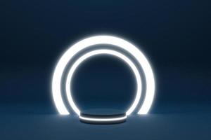 Empty podium with line gradient neon ring on background. 3d render. illustration with abstract scene with neon frame photo