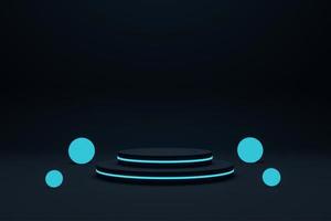 Cylinder podium with blue neon lights on ring background. Concept of design for product display. Layout horizontal, 3d render photo