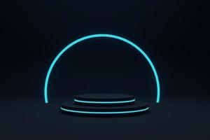 Empty podium with line gradient neon ring on background. 3d render. illustration with abstract scene with neon frame photo