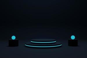 Cylinder podium with blue neon lights on ring background. Concept of design for product display. Layout horizontal, 3d render photo