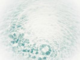 Defocus blurred transparent blue colored clear calm water surface texture with splashes and bubbles. Trendy abstract nature background. Water waves in sunlight with copy space. Blue watercolor shining photo