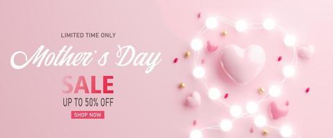 3d rendering. Mother's Day sale with heart shaped balloons, gift box and ball light decor. Holiday illustration banner. for mother day design photo