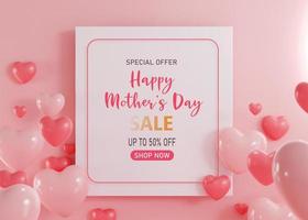 3d rendering. Mother's Day sale banner with heart shaped balloons. Holiday illustration banner. for mother day design photo