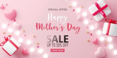 3d rendering. Mother's Day sale with heart shaped balloons, gift box and ball light decor. Holiday illustration banner. for mother day design photo