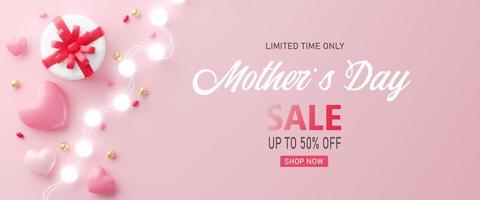 3d rendering. Mother's Day sale with heart shaped balloons, gift box and ball light decor. Holiday illustration banner. for mother day design photo