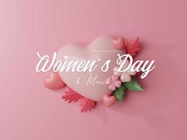 3d Rendering. Women's day design. Womens day greeting text with flowers background for woman international celebration. photo