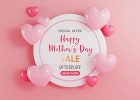 3d rendering. Mother's Day sale banner with heart shaped balloons. Holiday illustration banner. for mother day design photo