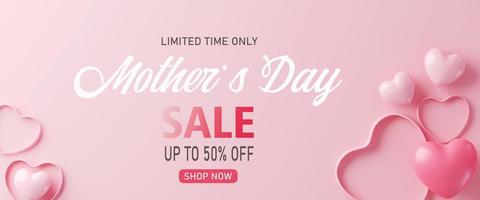 3d rendering.Mother's day sale banner with heart shaped balloons. Holiday illustration banner. for mother day design photo