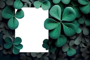 Saint Patrick's day green background. Green clover leaves pattern with paper card note mockup. photo