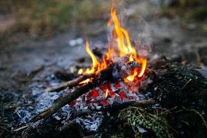 hoguera en invierno , ardiente fuego en contra el frío Mañana viento. foto