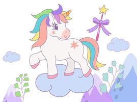 linda arco iris unicornio en pie en el nube con magia varita mágica en el cielo. vector diseño ilustración.