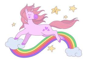 linda unicornio corriendo en nubes con arco iris y estrella en el cielo. vector diseño ilustración.