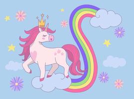 linda princesa unicornio vistiendo un corona caminando en nubes con arco iris vector