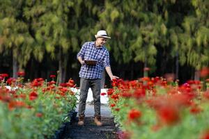 Asian gardener is taking note using clip board on the growth and health of red zinnia plant while working in his rural field farm for medicinal herb and cut flower concept photo