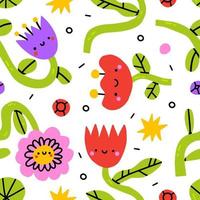 Colorful kawaii flower seamless pattern illustration.Children style floral doodle background, funny basic nature shapes wallpaper. Colorful pastel color groovy artwork bundle. Backgrounds with spring vector