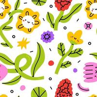 Colorful kawaii flower seamless pattern illustration.Children style floral doodle background, funny basic nature shapes wallpaper. Colorful pastel color groovy artwork bundle. Backgrounds with spring vector