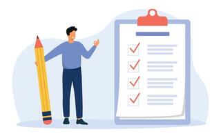 Businessman holding pencil at big complete checklist with tick marks. Check list with tick mark, businessman with questionnaire. Vector illustration.