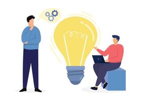 Business team discussing ideas for startup. Smart people characters develop creative business idea. Big light bulb as metaphor idea. Vector illustration.