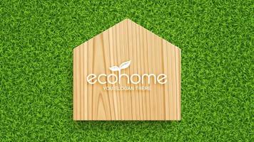 Wooden board in shape of house on grass background. Eco home concept. Vector illustration