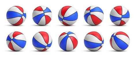 conjunto de tricolor baloncesto pelotas con cuero textura en diferente posiciones. realista vector ilustración