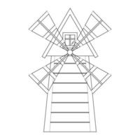 Windmill, black line drawing, doodle isolated on white background. vector